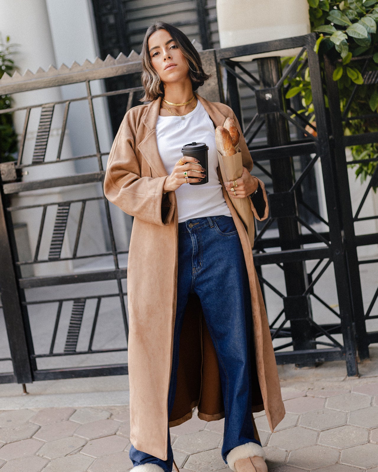 Suede Trench Coat in Camel