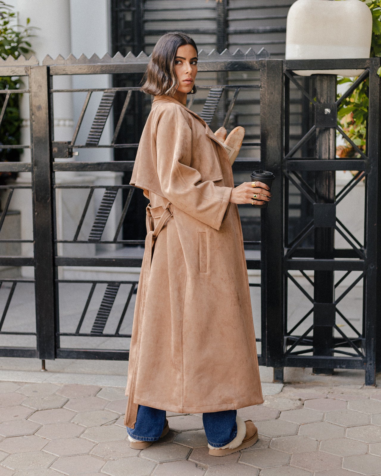 Suede Trench Coat in Camel