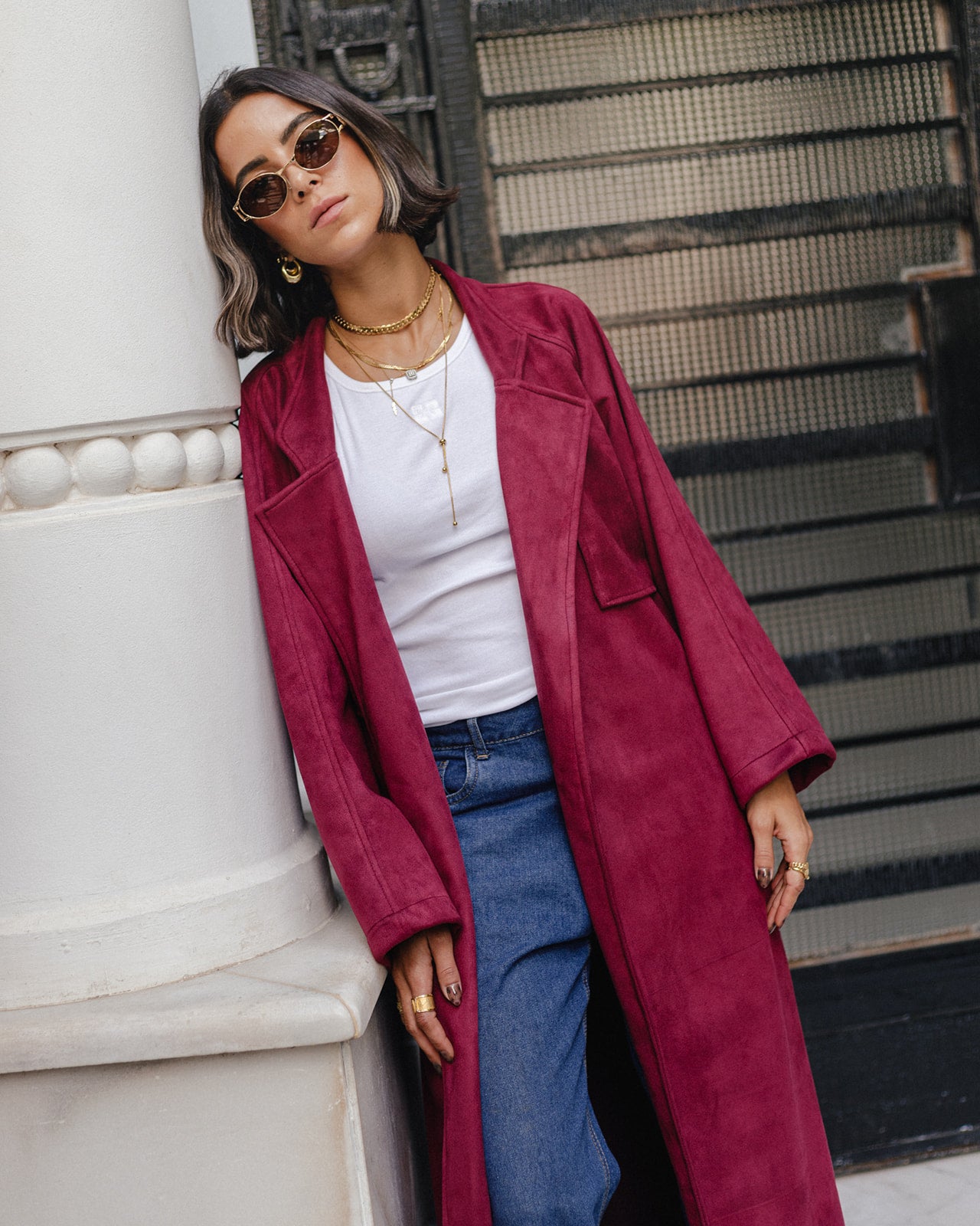 Suede Trench Coat in Burgundy