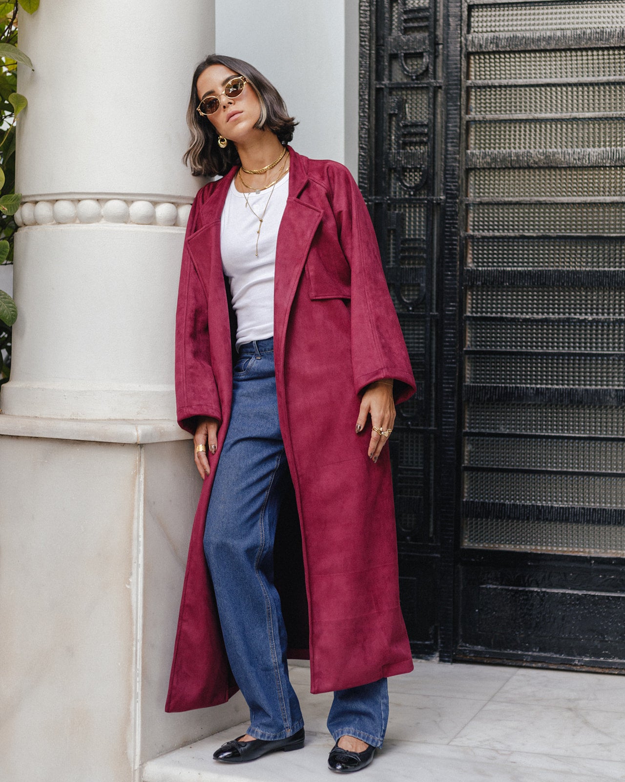 Suede Trench Coat in Burgundy