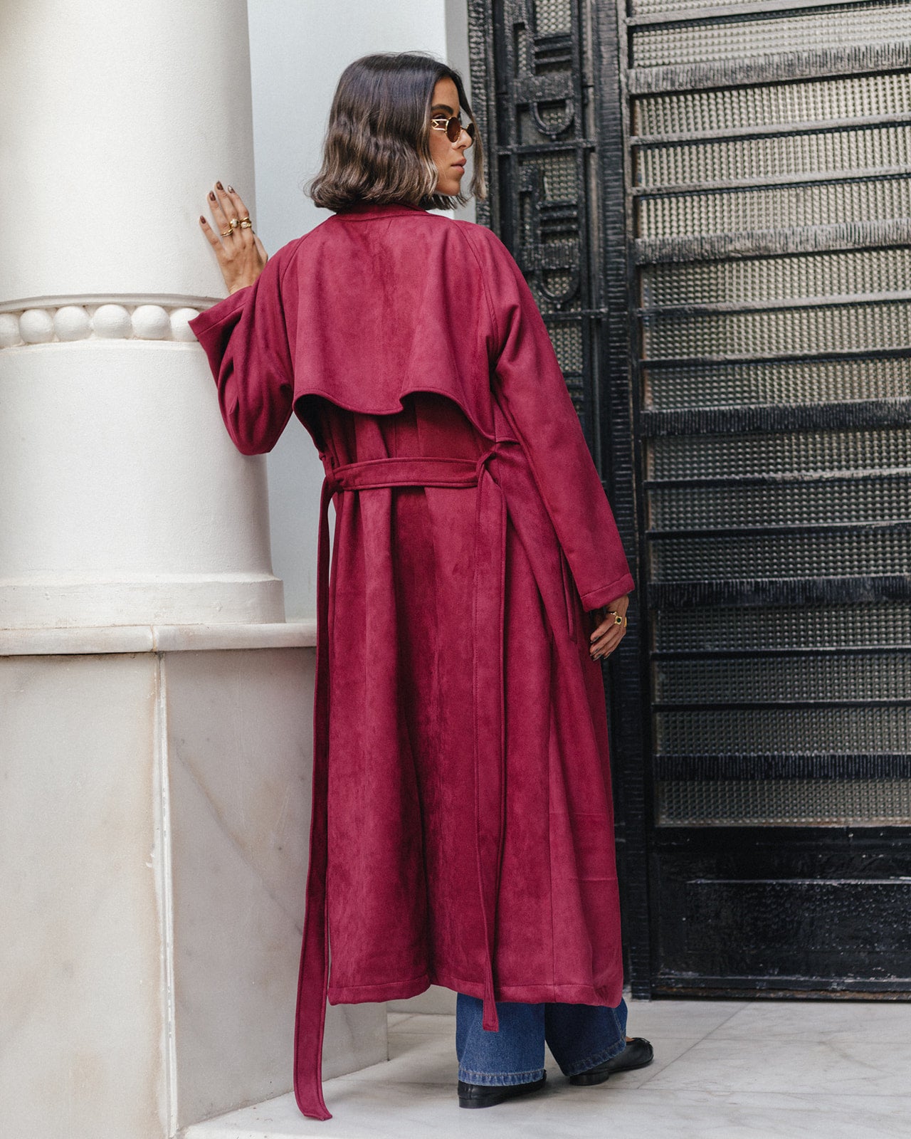 Suede Trench Coat in Burgundy