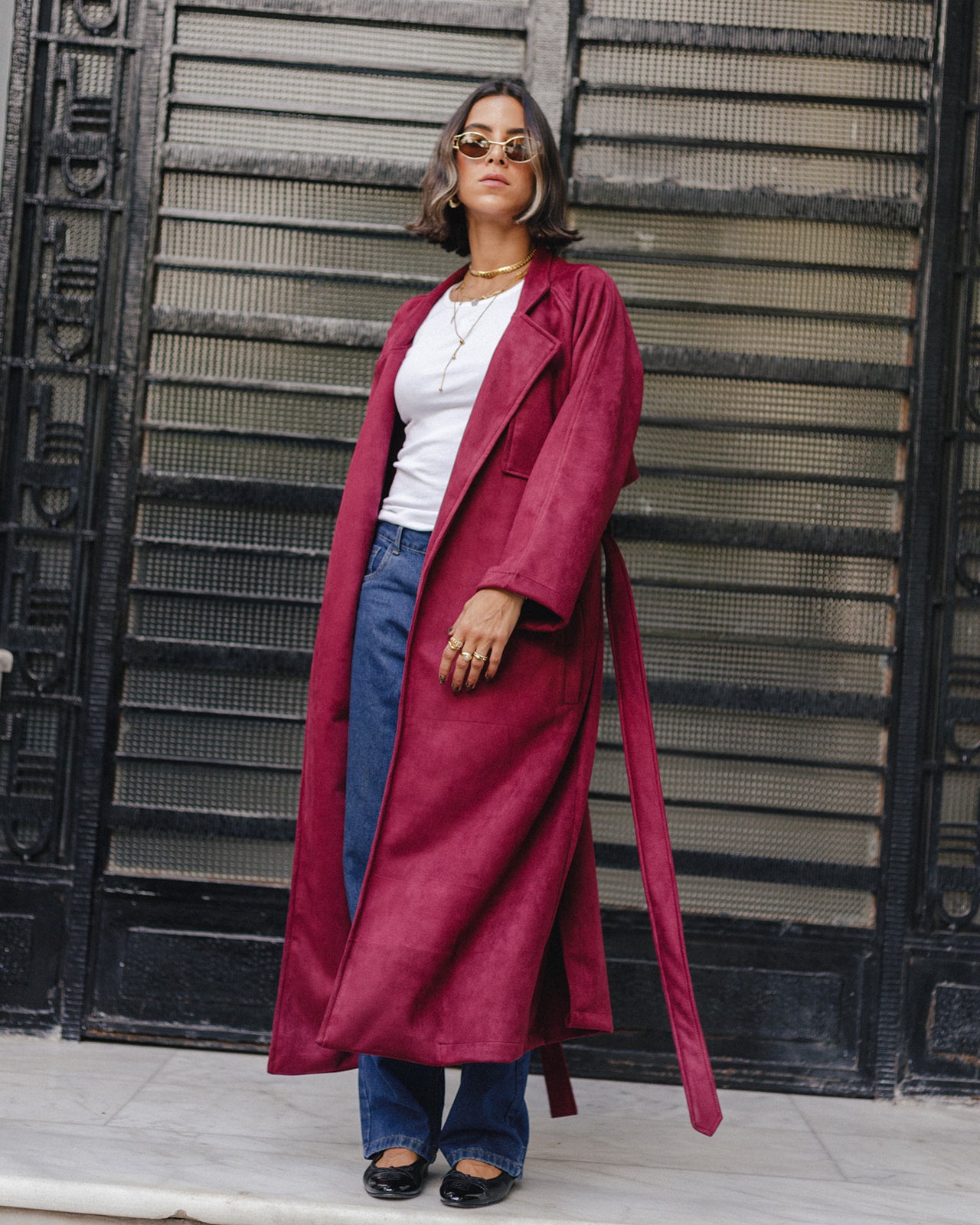 Suede Trench Coat in Burgundy