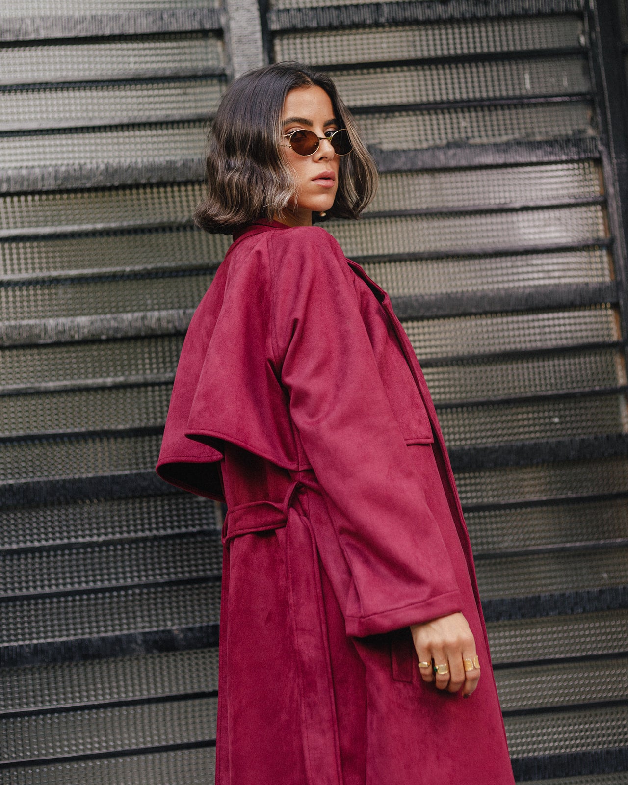 Suede Trench Coat in Burgundy