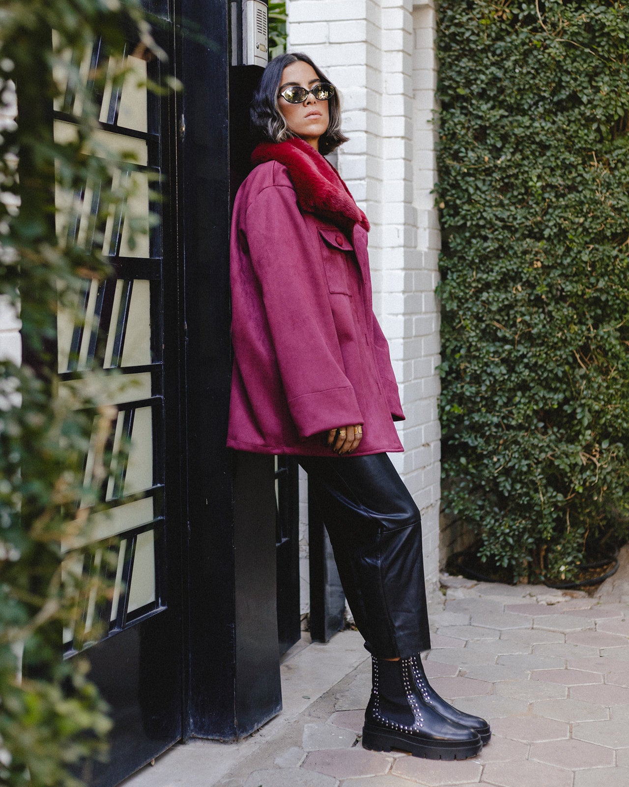 Fur Collar Suede Jacket in Burgundy