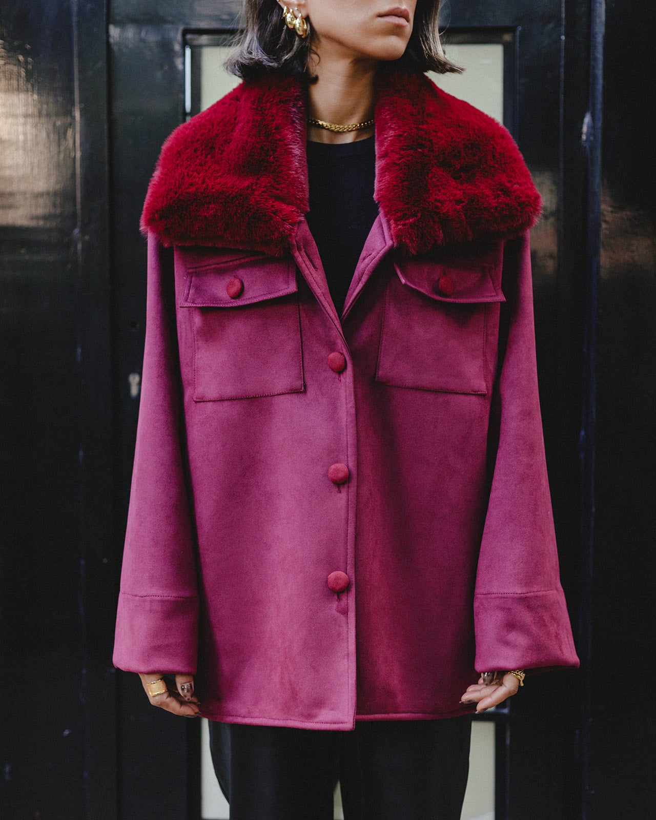 Fur Collar Suede Jacket in Burgundy