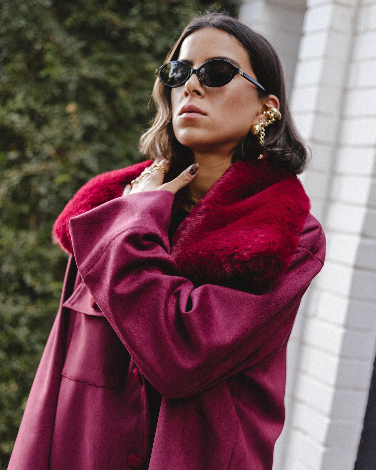 Fur Collar Suede Jacket in Burgundy