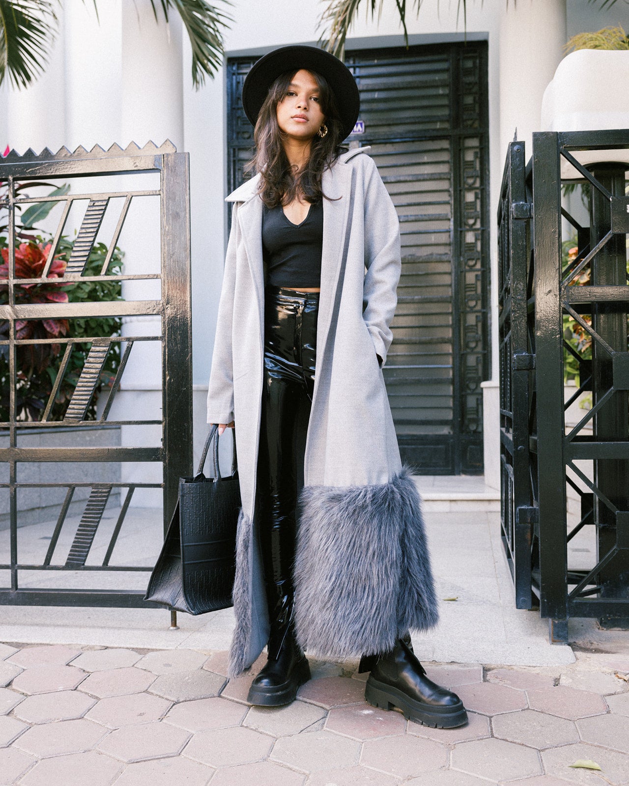 Wool X Fur Long Coat in Grey
