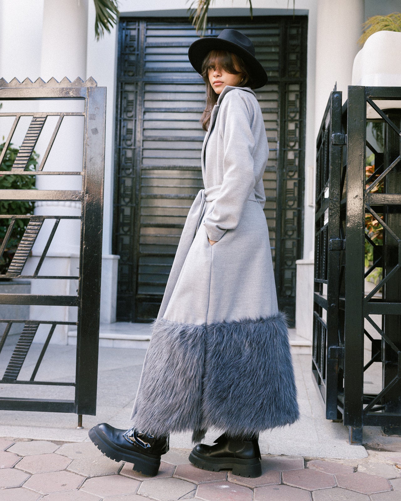 Wool X Fur Long Coat in Grey