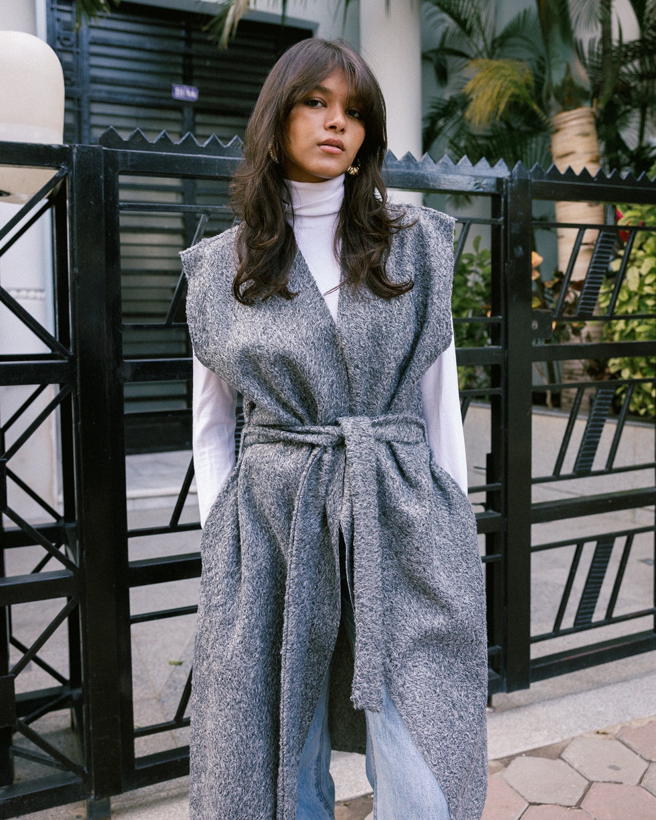 Grey Wool Waistcoat with Belt