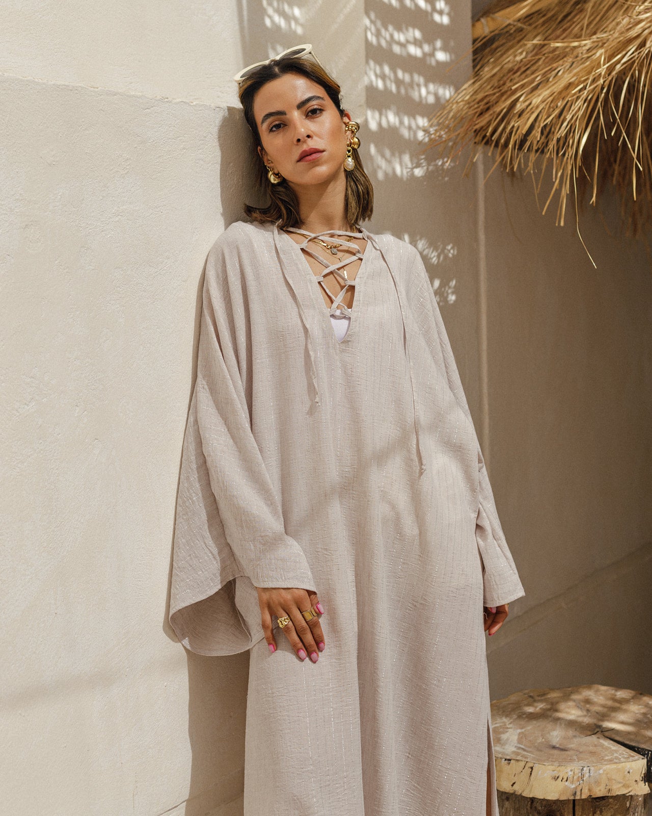 Linen Crisscross Dress in Beige