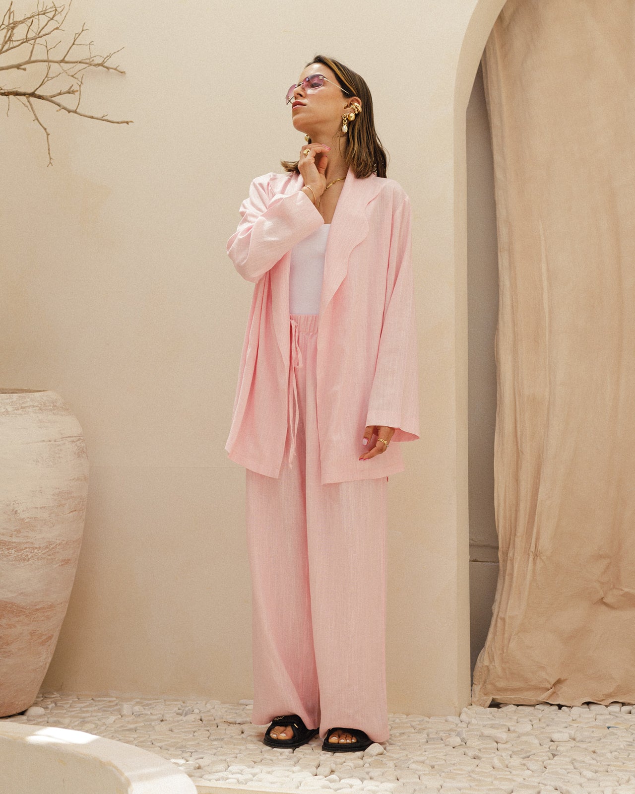 Linen Wavy Blazer Set in Pink