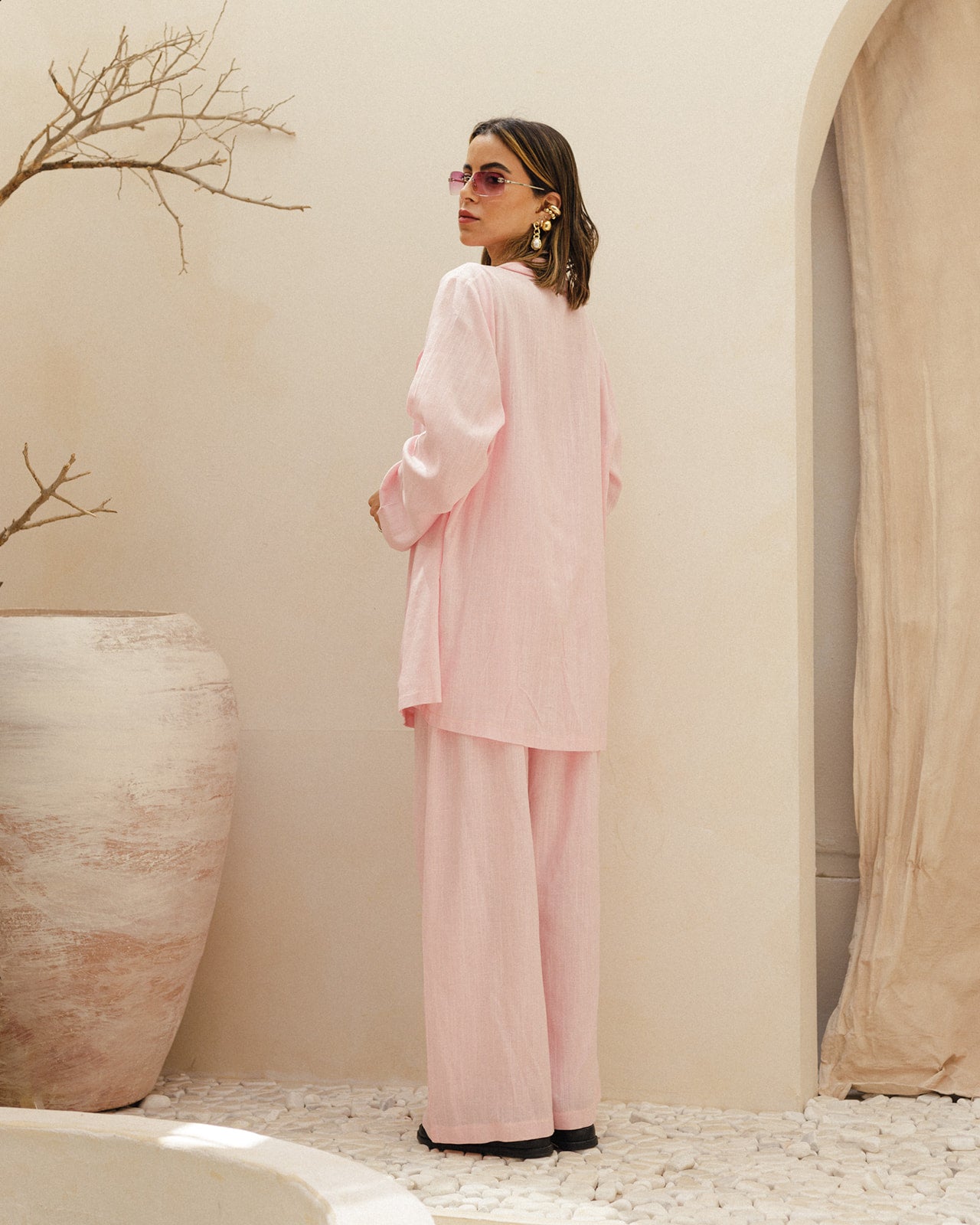 Linen Wavy Blazer Set in Pink