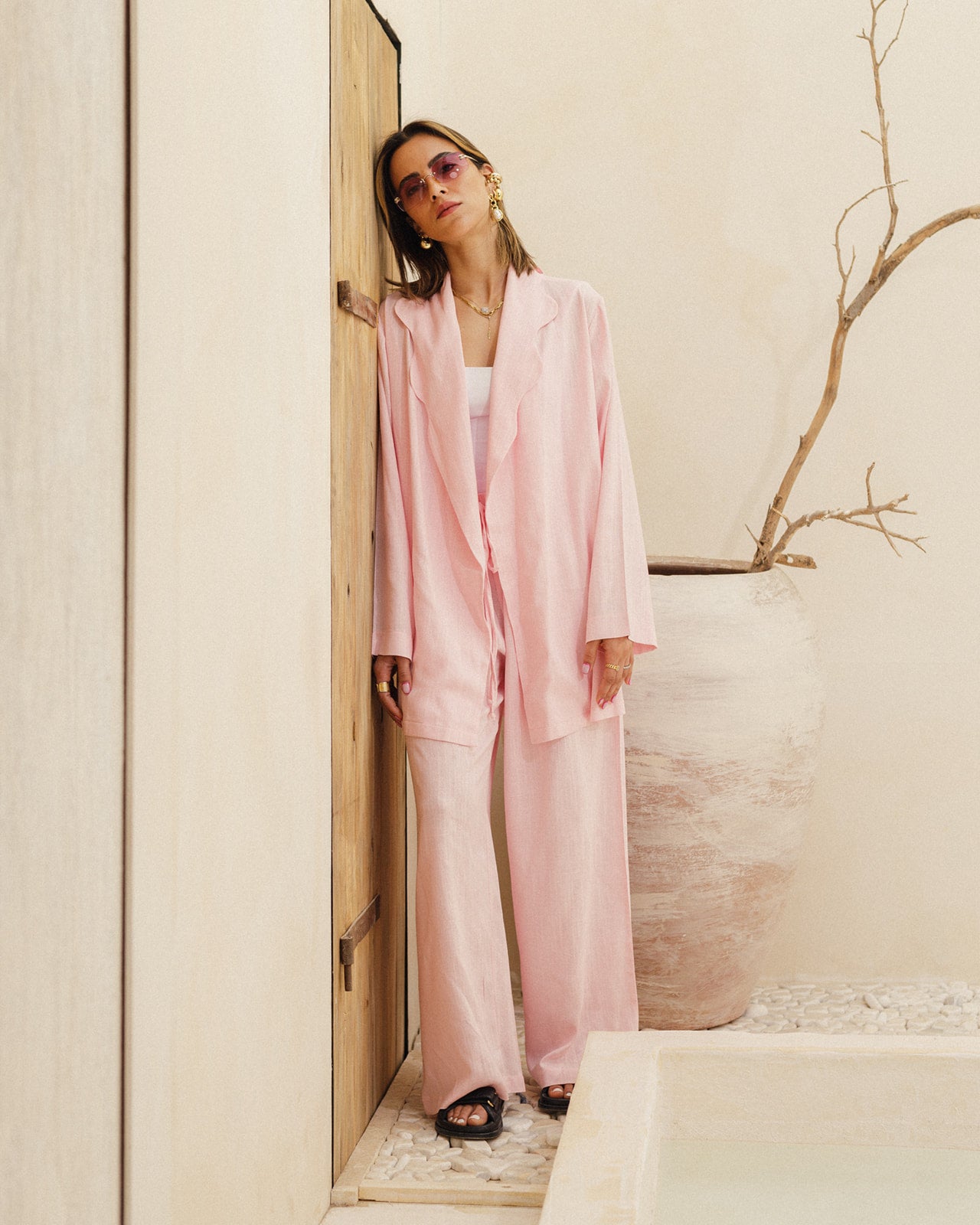 Linen Wavy Blazer Set in Pink
