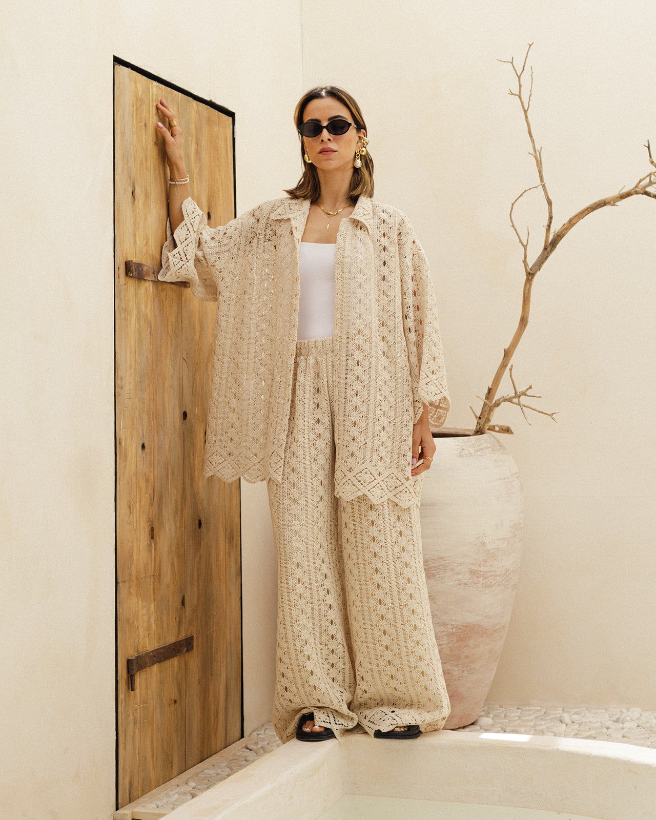 Crochet Shirt Pants Set in Beige