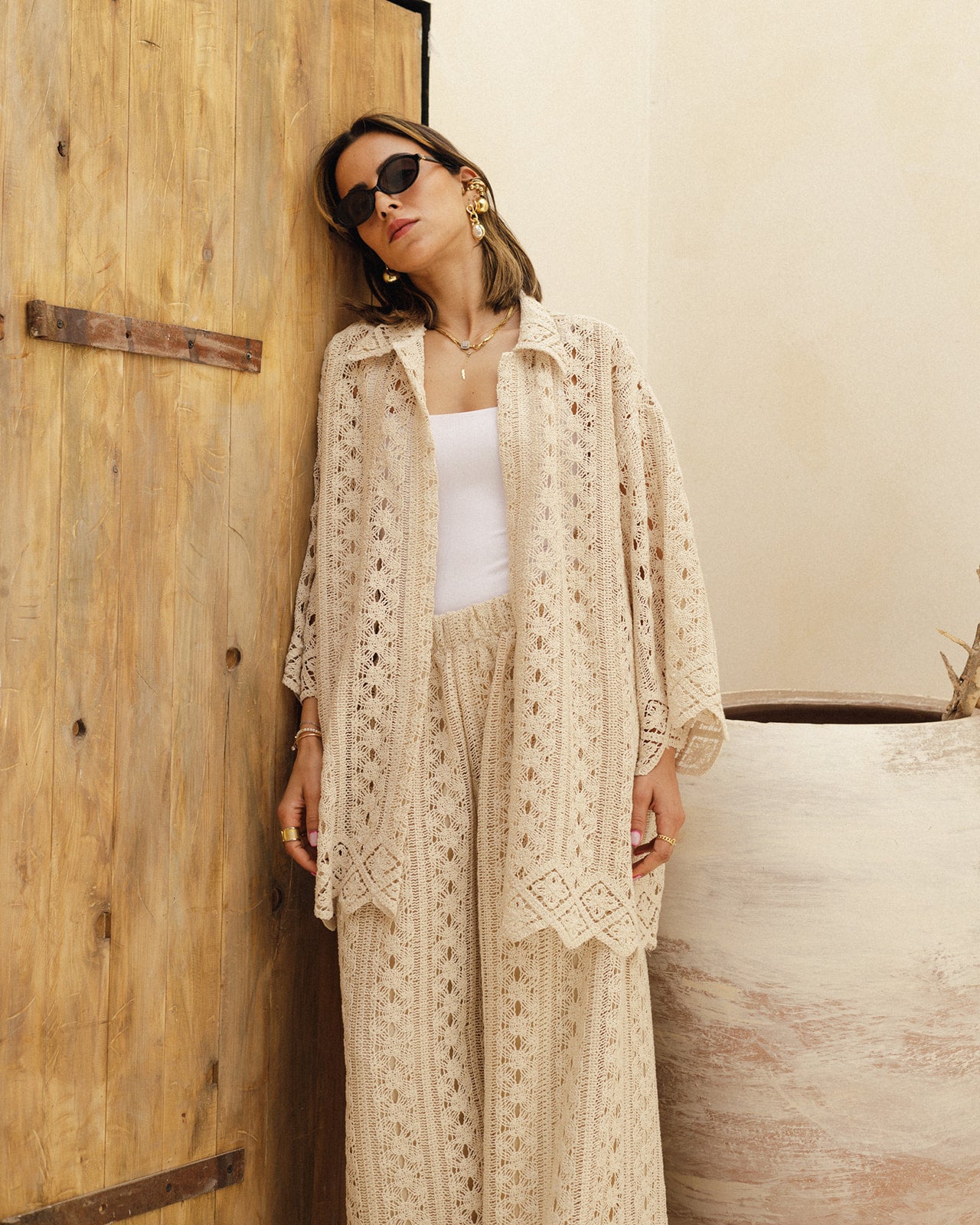 Crochet Shirt Pants Set in Beige