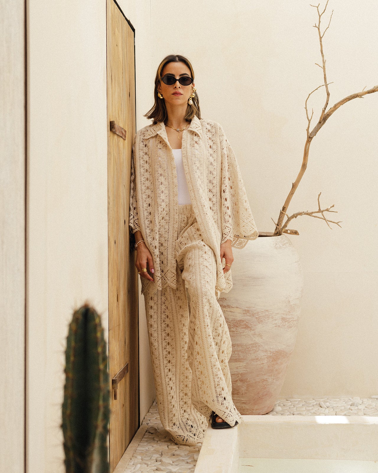 Crochet Shirt Pants Set in Beige