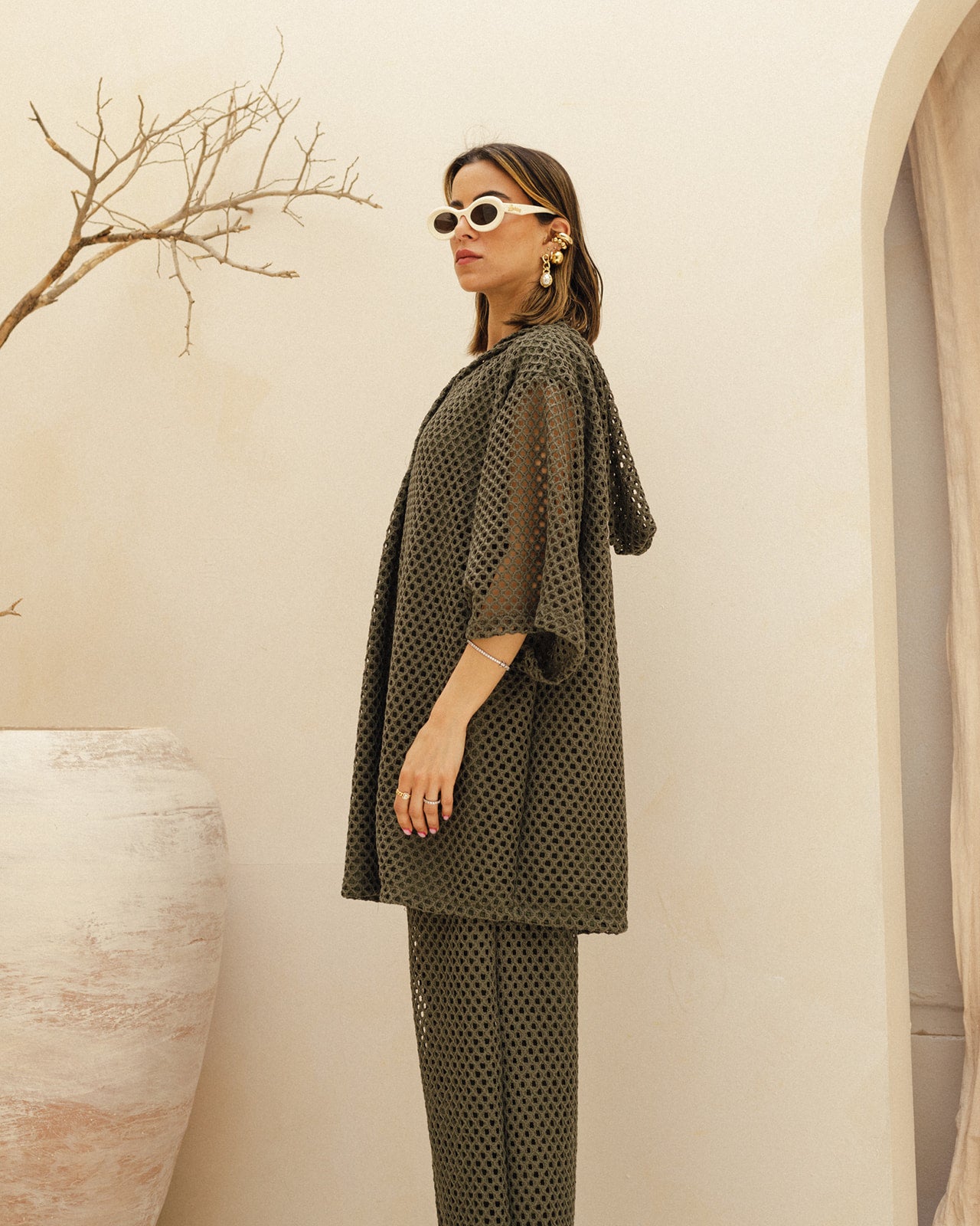 Hooded Crochet Set in Olive