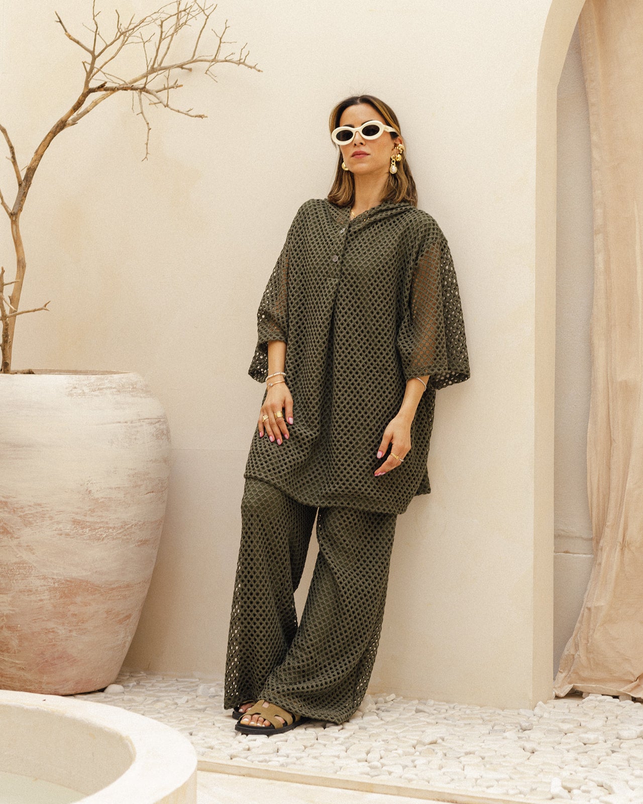 Hooded Crochet Set in Olive