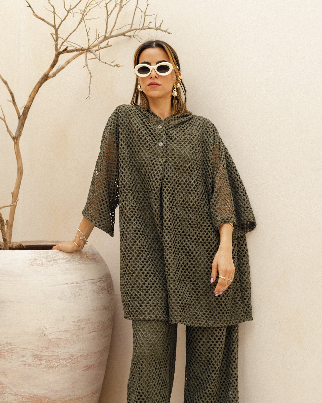 Hooded Crochet Set in Olive