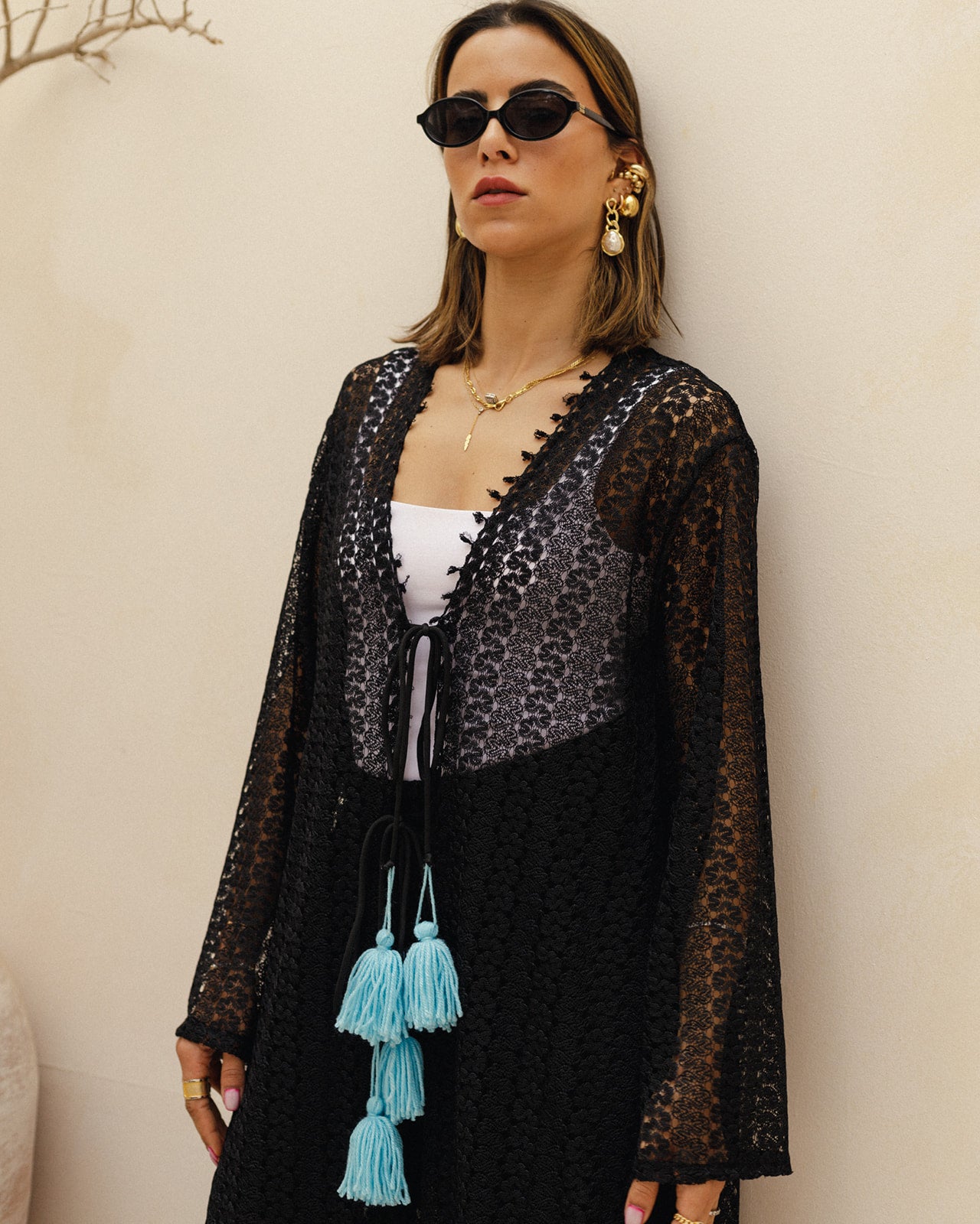 Net Long Cardigan Tussle Set in Blue