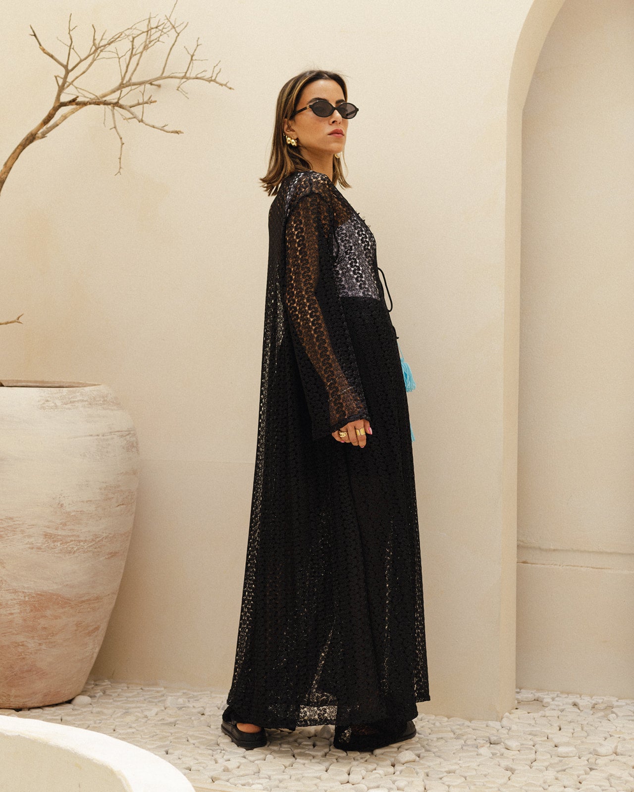 Net Long Cardigan Tussle Set in Blue