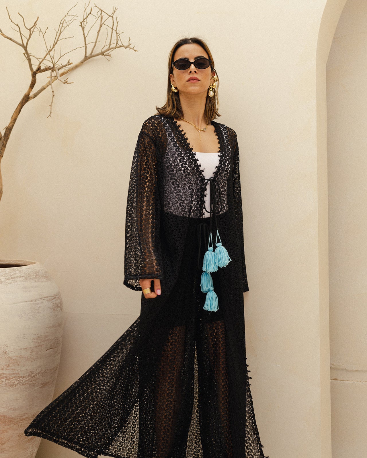 Net Long Cardigan Tussle Set in Blue