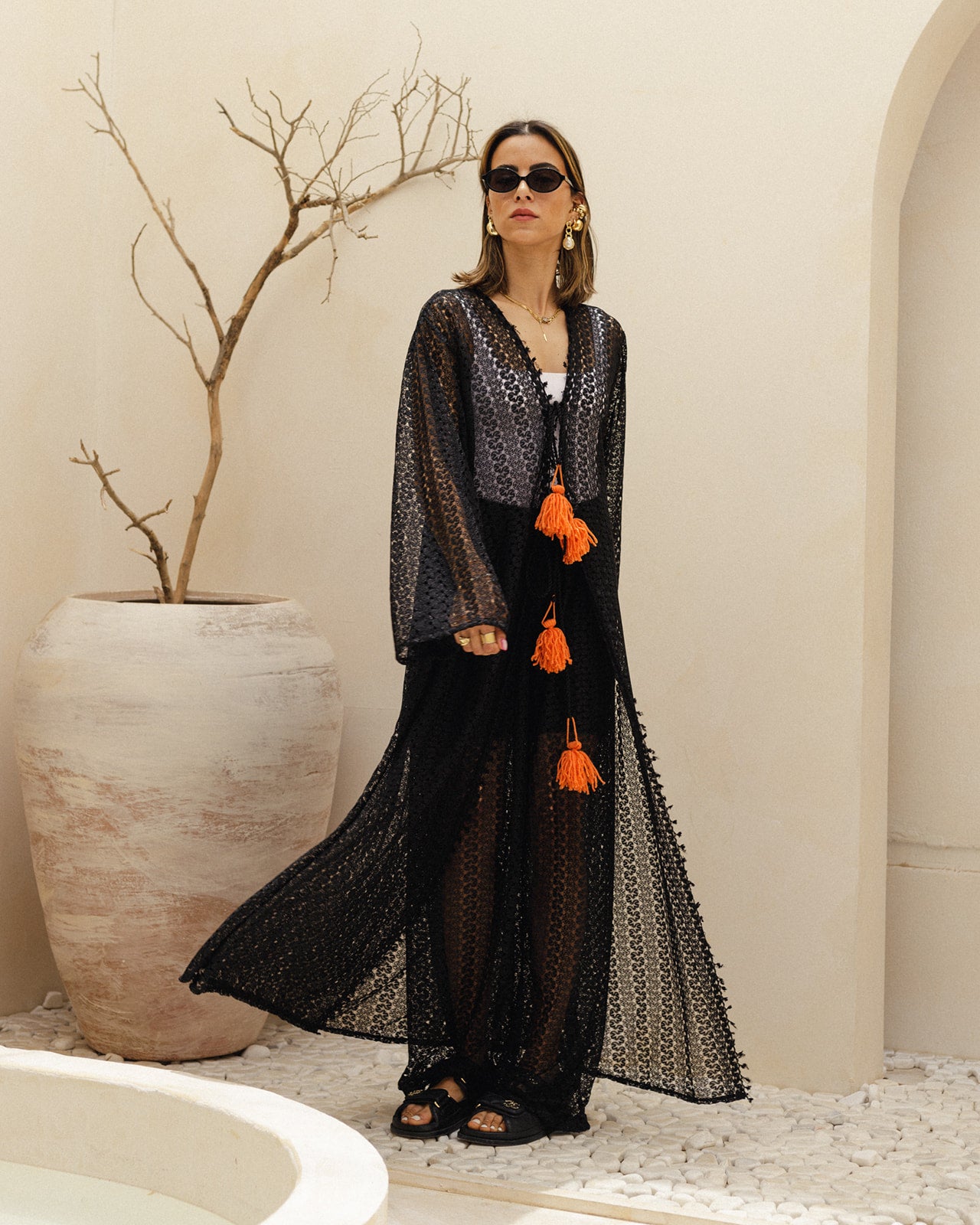 Net Long Cardigan Tussle Set in Orange