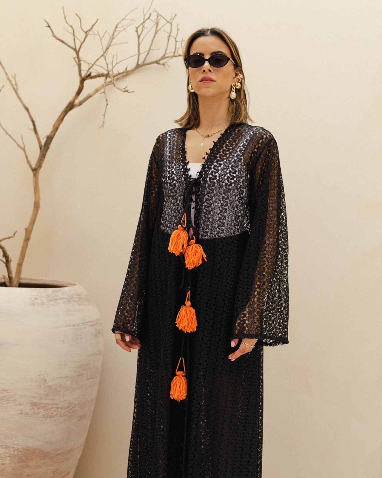 Net Long Cardigan Tussle Set in Orange