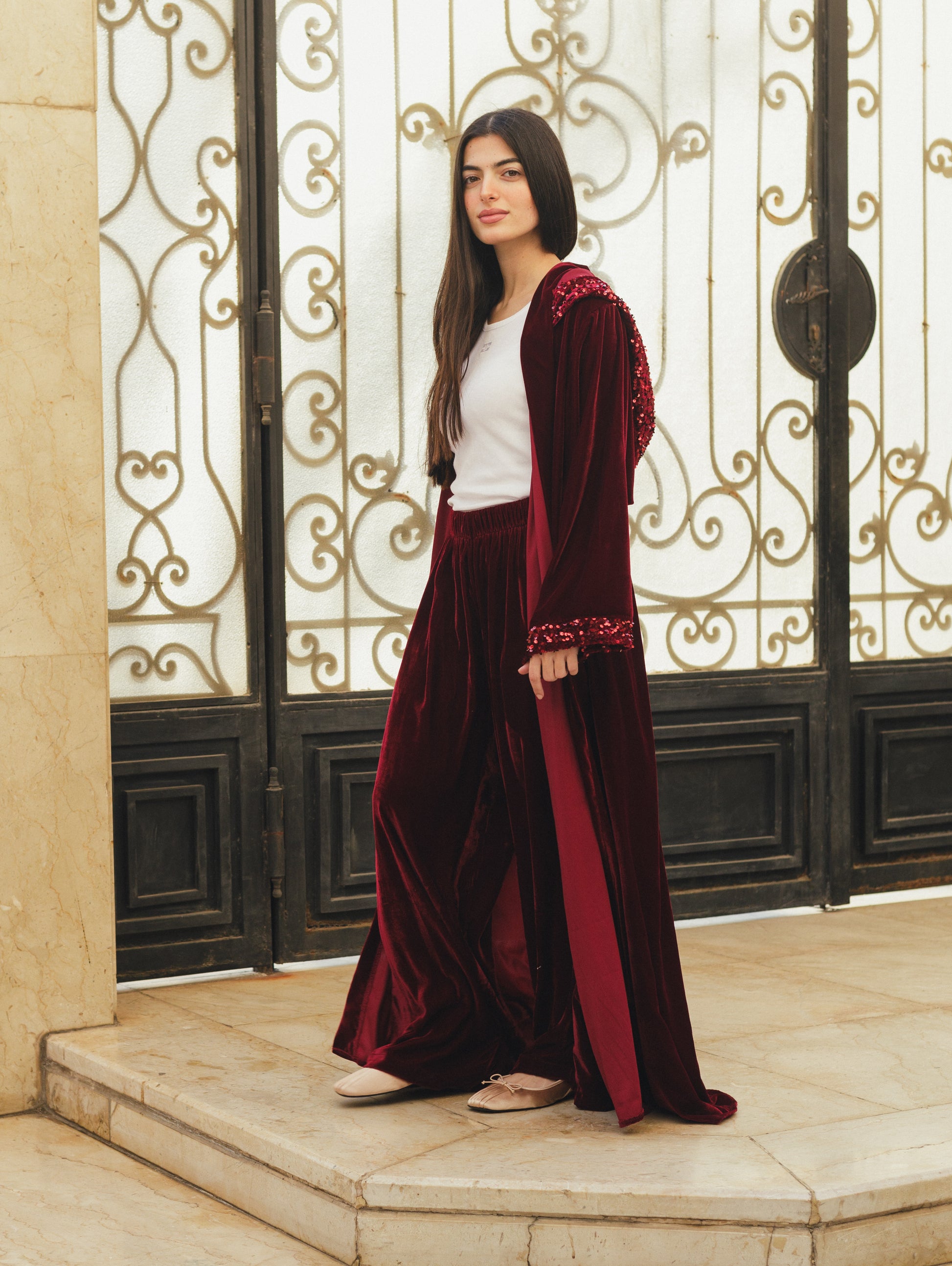 Velvet Sequin Hooded Cardigan Set