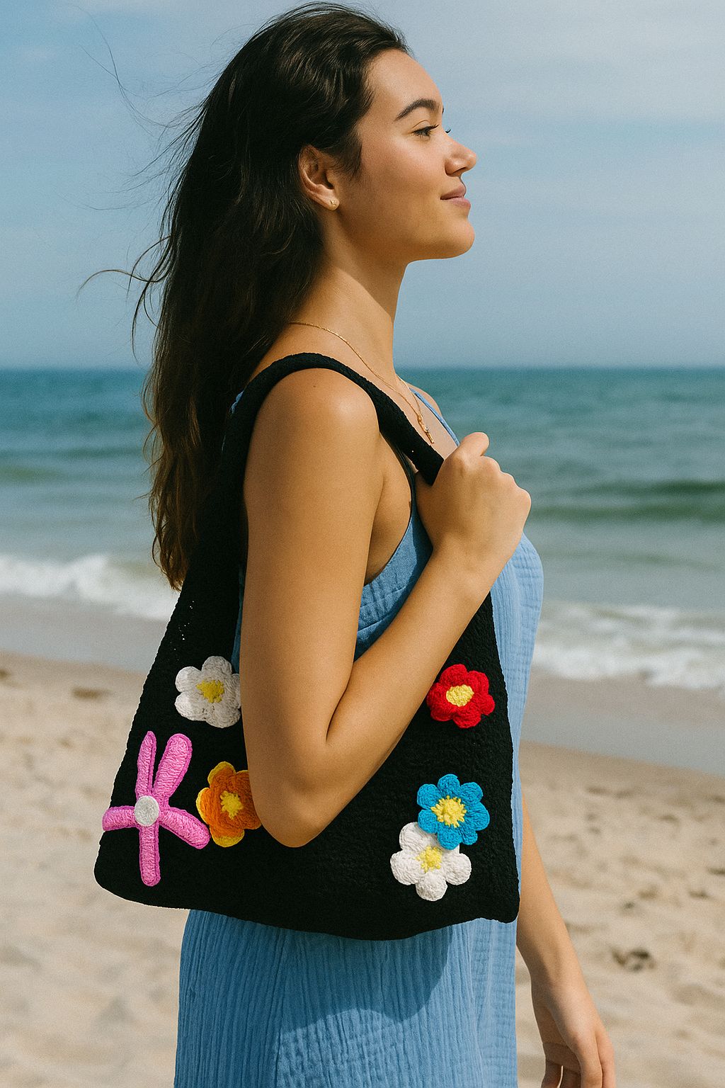 Black Crochet bag with colored Crocheted Flowers