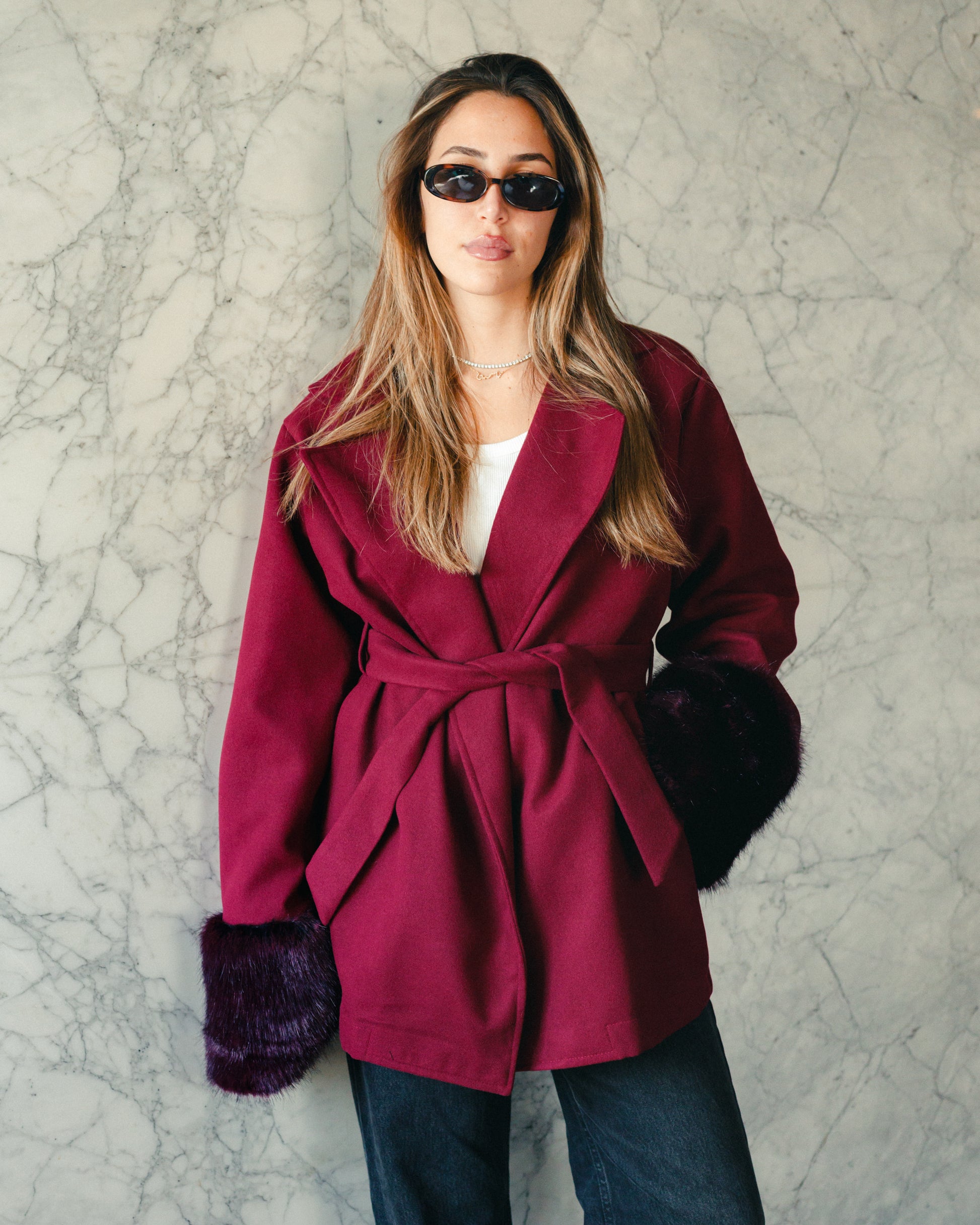 Wool Fur-Cuffs Jacket in Burgundy
