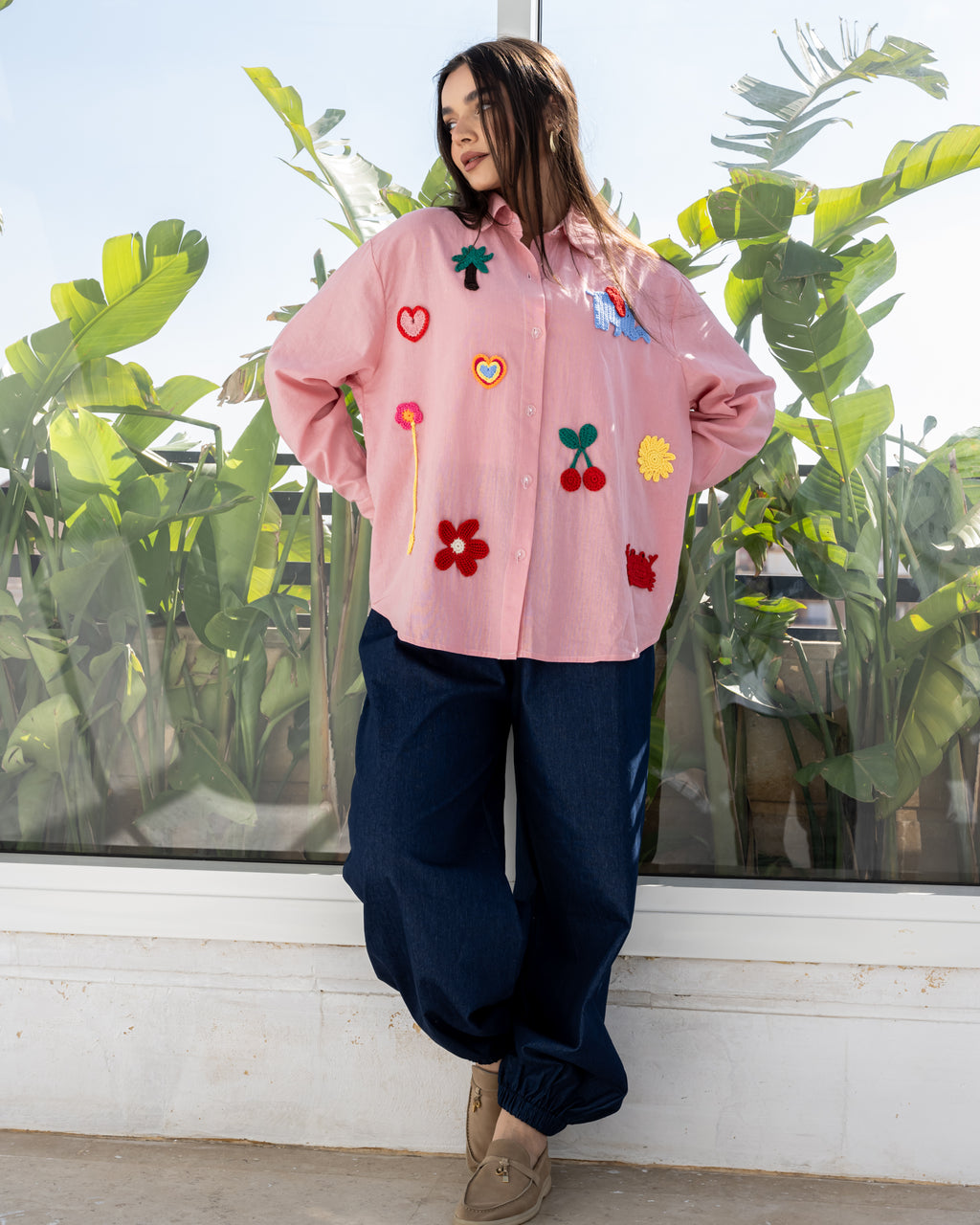 Linen Crochet Patch Shirt in Pink