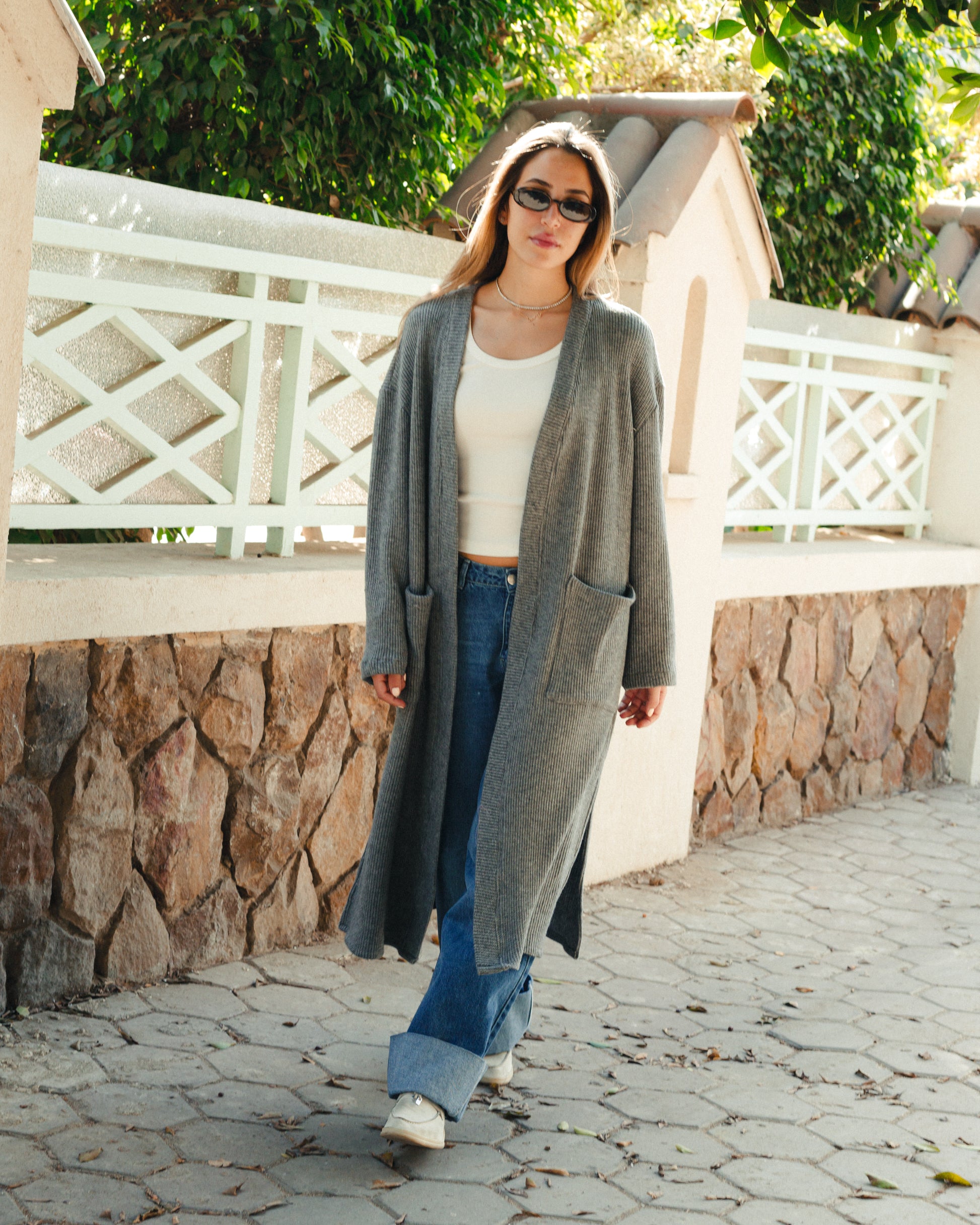 Knit Tricot Pockets Cardigan in Grey