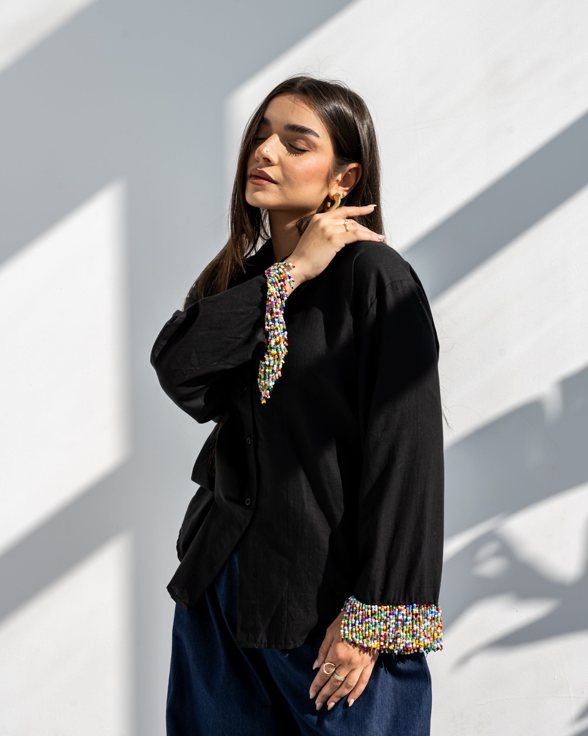 Linen Beads Shirt in Black