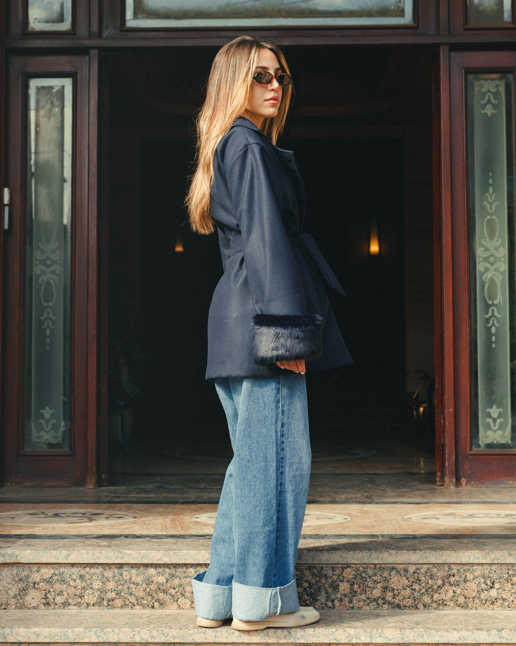 The Fur-Cuff Wool Jacket in Navy Blue