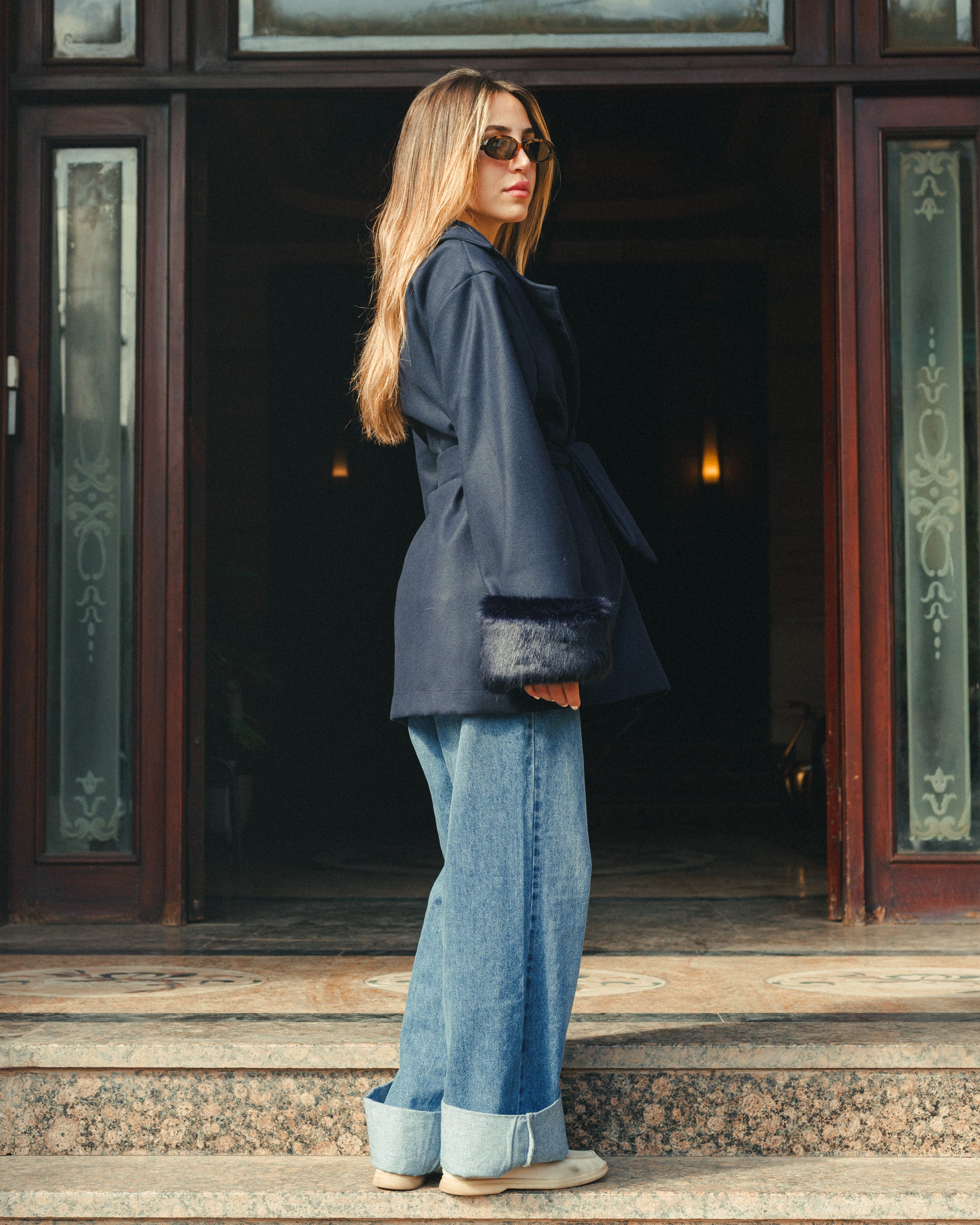 The Fur-Cuff Wool Jacket in Navy Blue