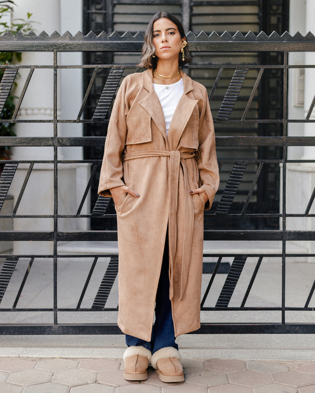 Suede Trench Coat in Camel