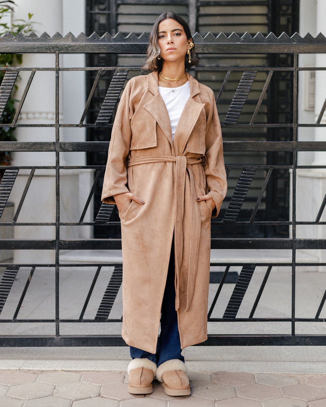 Suede Trench Coat in Camel