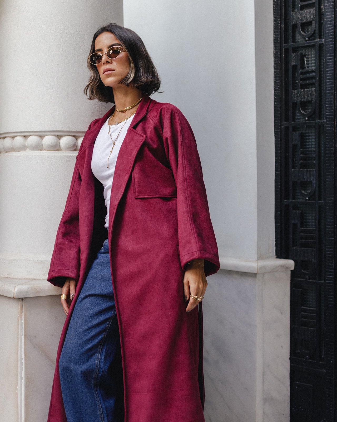 Suede Trench Coat in Burgundy