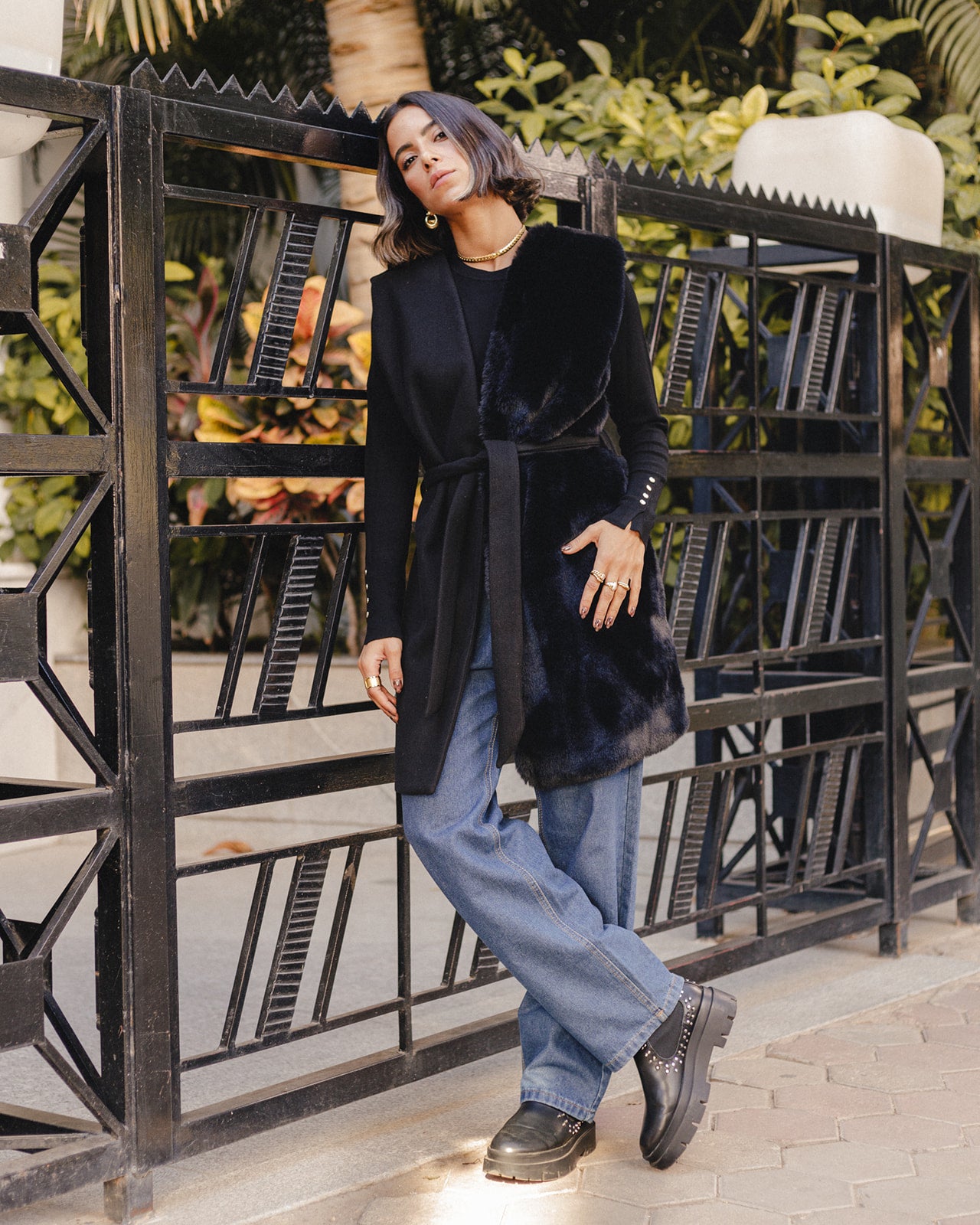 Wool Fur Waistcoat Vest in Black