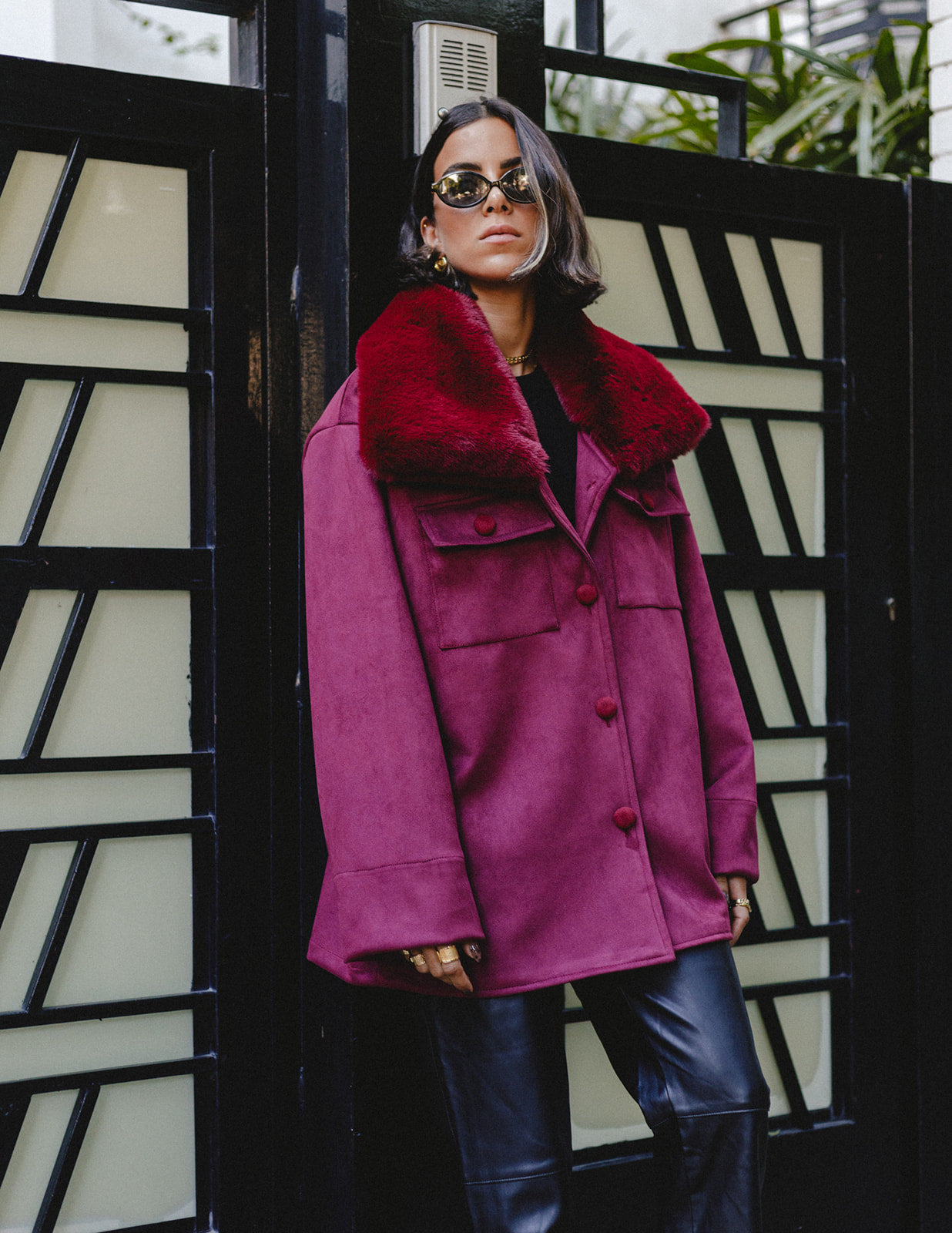 Fur Collar Suede Jacket in Burgundy