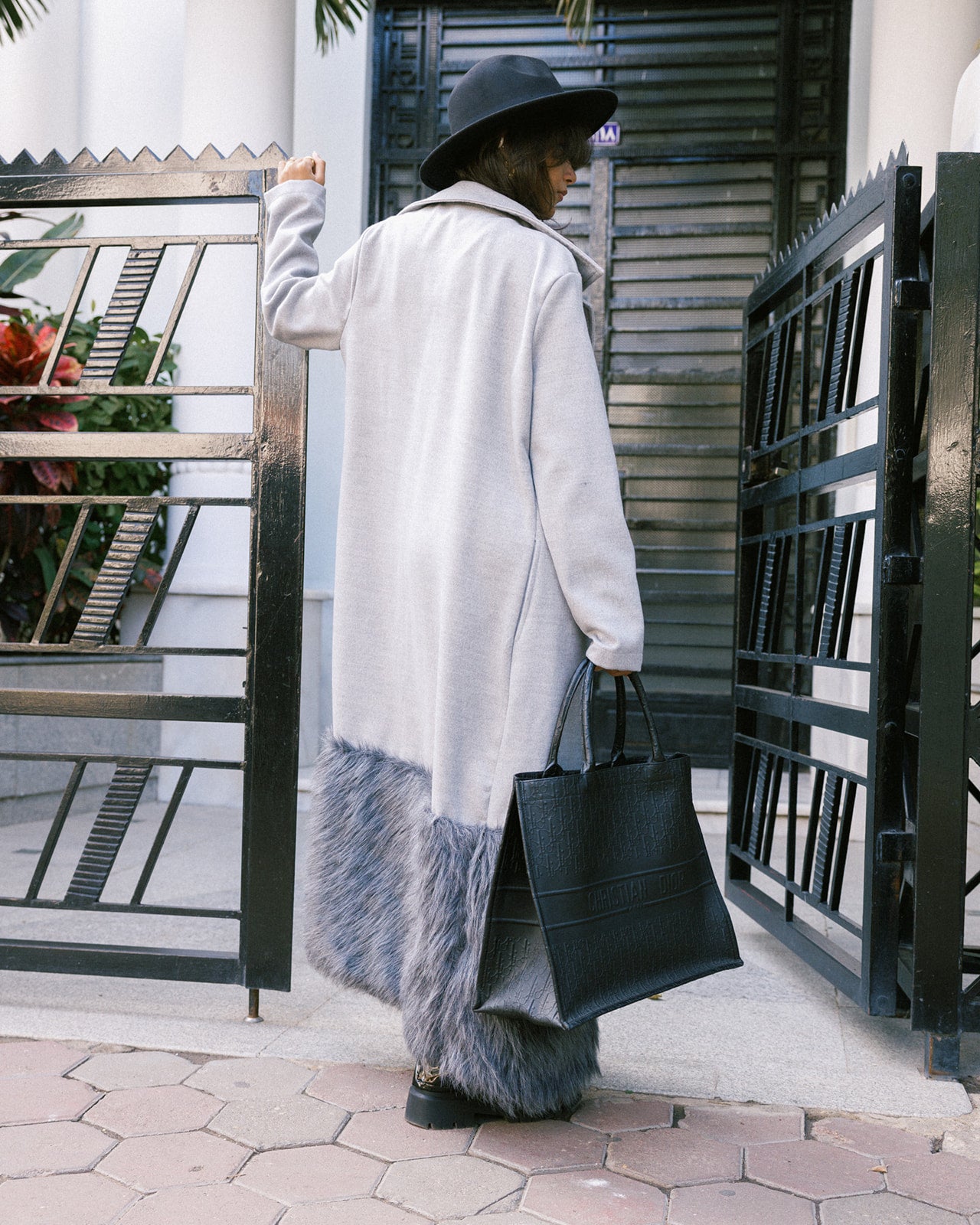 Wool X Fur Long Coat in Grey