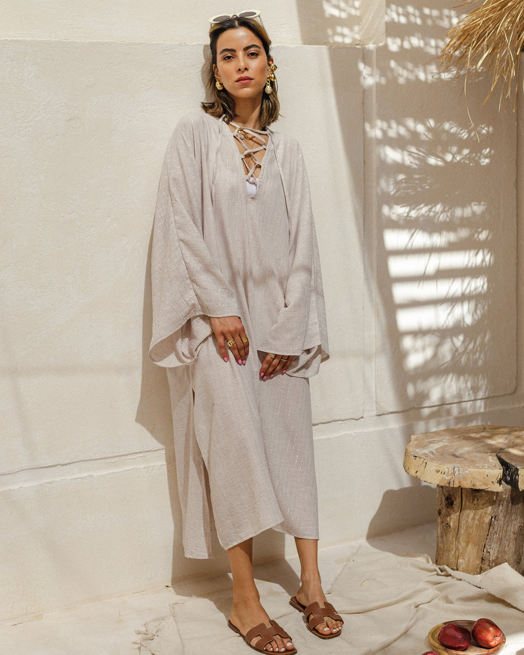 Linen Crisscross Dress in Beige