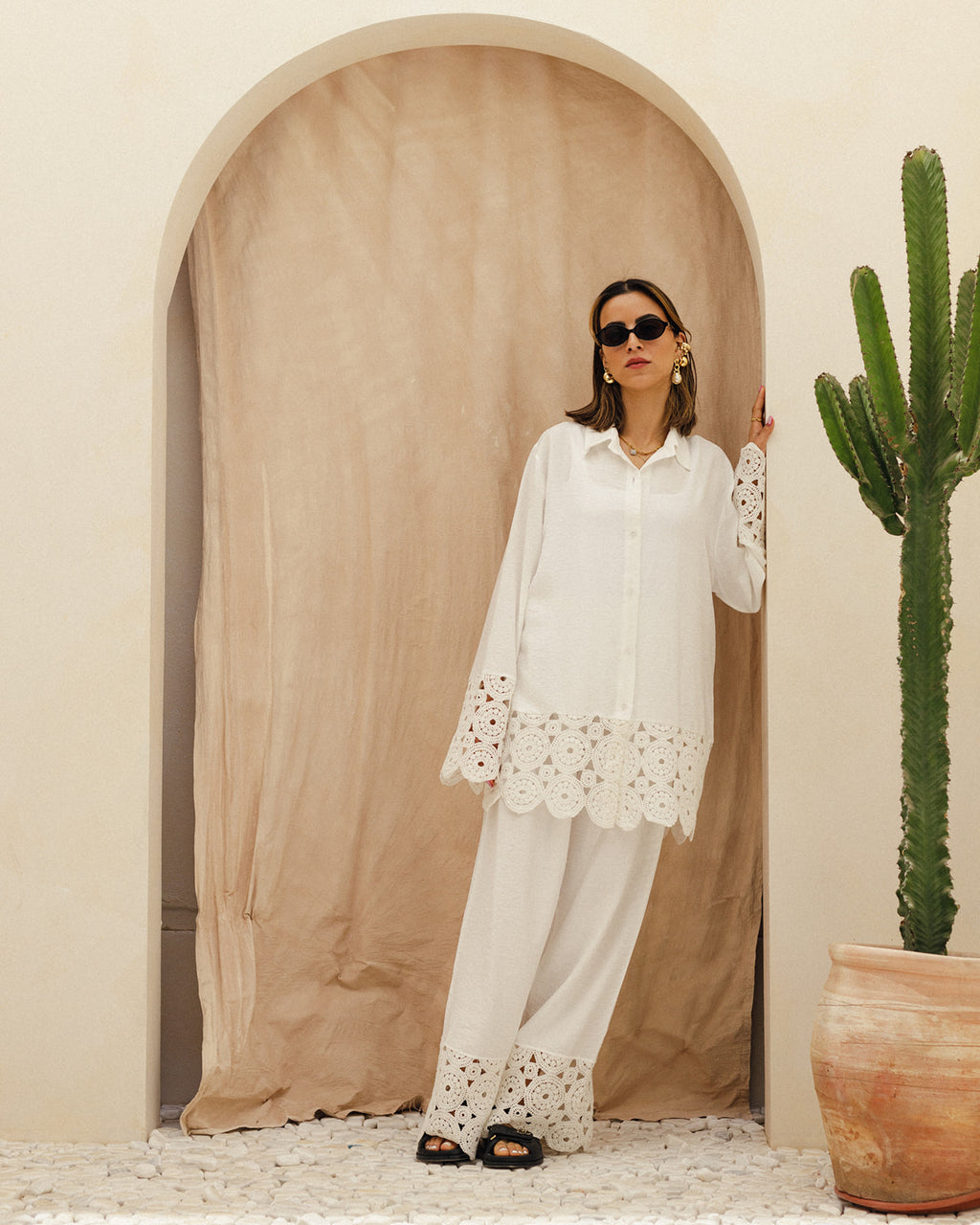 Linen Crochet Shirt Set