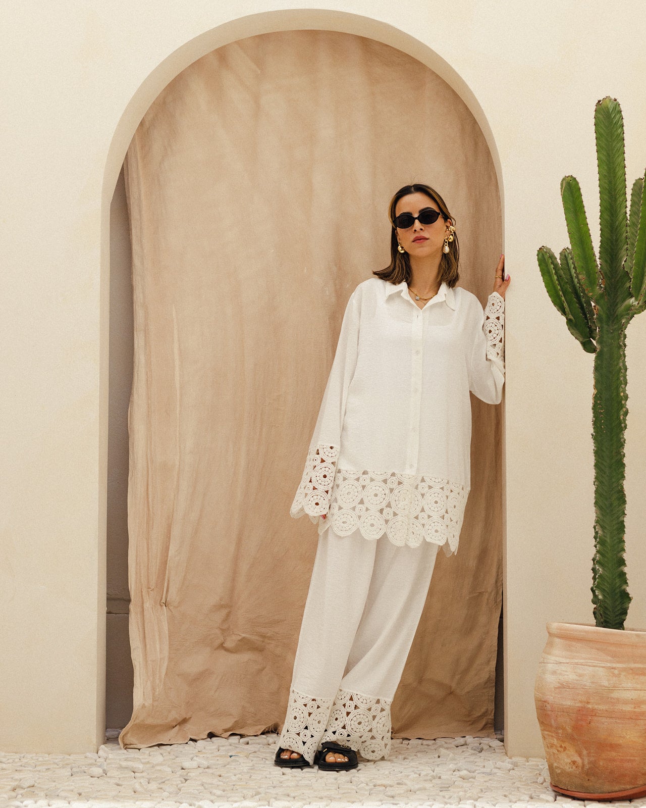 Linen Crochet Shirt Set