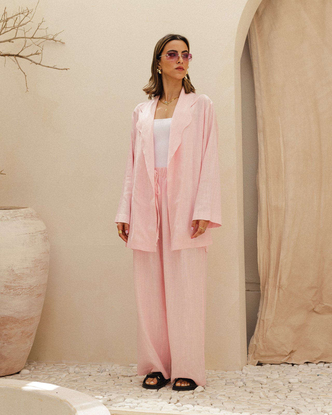 Linen Wavy Blazer Set in Pink