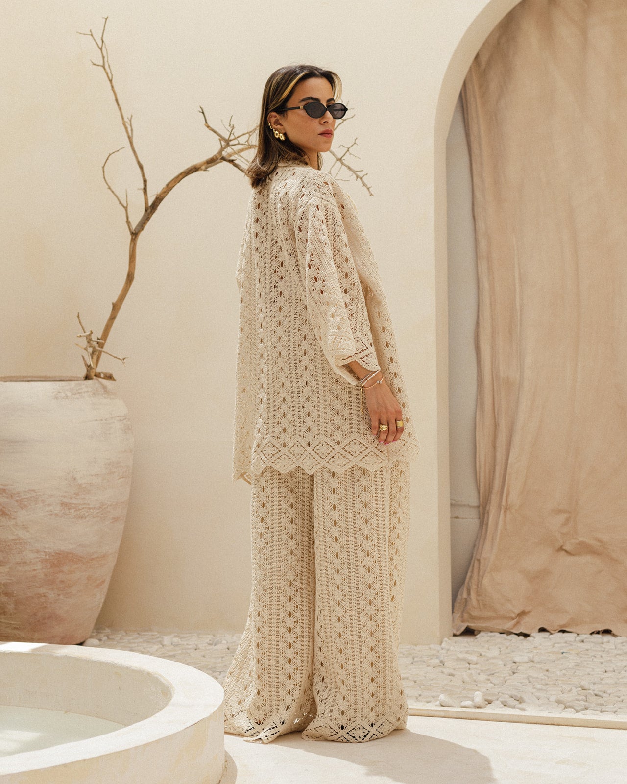 Crochet Shirt Pants Set in Beige