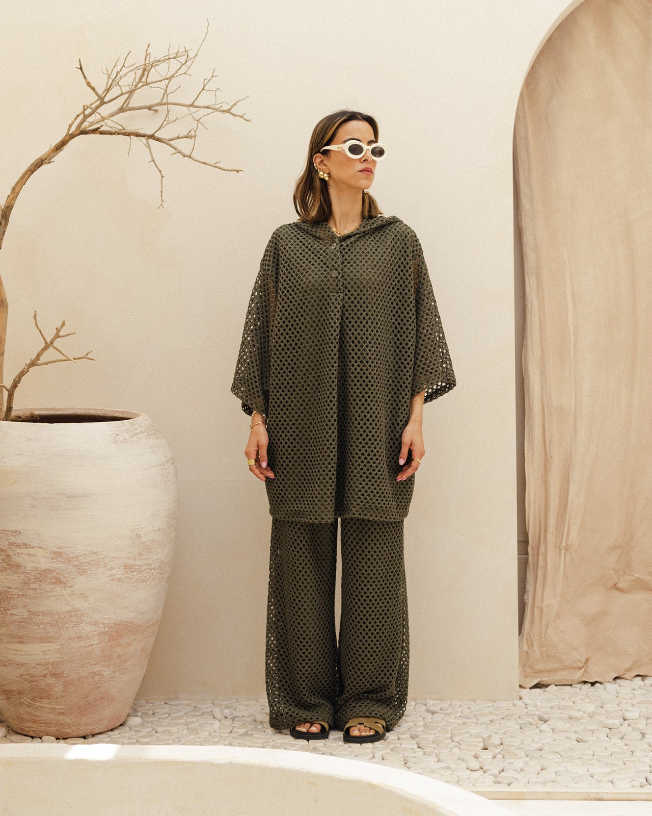 Hooded Crochet Set in Olive
