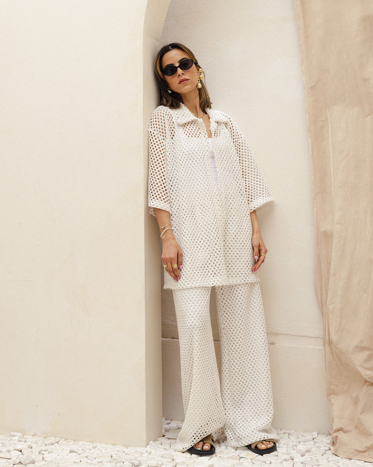 Crochet Shirt Set in White