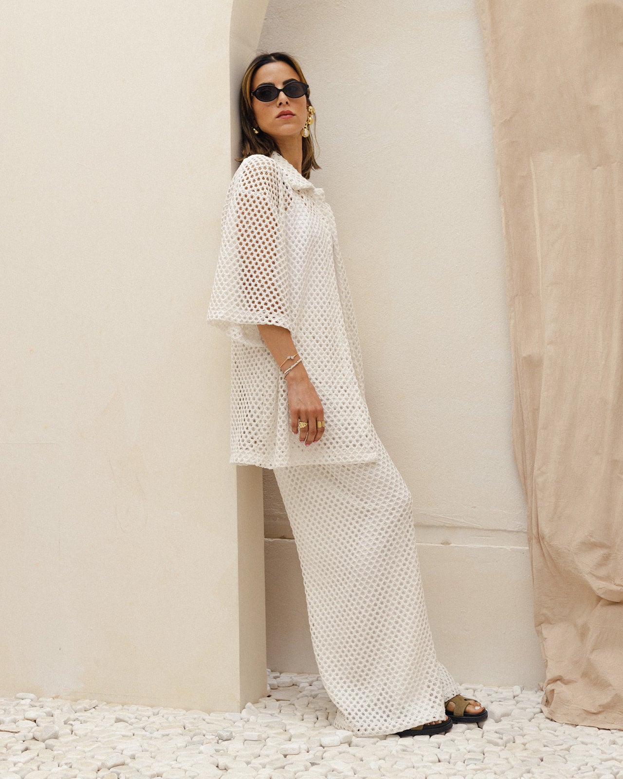 Crochet Shirt Set in White